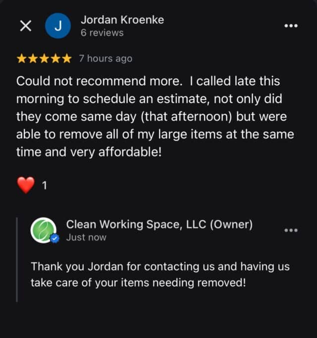 Another happy customer, glad they contact us @cleanworkingspace 484.546.4870. 5-stars ⭐️⭐️⭐️⭐️⭐️ GOT IT DONE! ✅ GET IT DONE!5-Star Google Reviews ⭐️⭐️⭐️⭐️⭐️💯% recommended on Facebook 🇺🇸 Simple. Affordable. Local. JUNK REMOVAL service! GET IT DONE! in AMERICA • 484.546.4870 🇺🇸🏠 Local, family-owned business♻️ Eco-friendly disposal practices👌🏻 Professional, reliable service👏🏻 Affordable pricingResidential✅ House, Garage, & Basement Clean Outs✅ Storage Unit Clean Outs✅ Play Set Demo/Removal✅ Shed & Hot Tub Demo/Removal✅ Pool & Deck Demo/Removal ✅ Decluttering & Removal of Unwanted Items Realtors, Property Managers, Insurance Companies✅ Residents/Tenants Moving In/Out✅ Home/Apartment Evictions✅ Storm Damage & OutbuildingsDECLUTTERING & JUNK REMOVAL✅ Same/Next Day/Schedule✅ Weekends by appointment✅ Declutter/Remove Unwanted ItemsClean Working Space, LLC… hire the local Junk Removal company you know, like, and trust. Licensed and Insured. Free Estimates📳 Message/Call us today! 484.546.4870Check out our website for more details and services!www.cleanworkingspace.comHomeowners, Rentals, Residential, Commercial, Property Managers…✅ We communicate. ✅ We show up. ✅ We GET IT DONE🏷 Discounts: Veterans, First Responders, Seniors & Churches, We accept: Cash, Venmo, PayPal (credit cards)Appliance Removal, E-Waste Removal, Storage Unit Clean Outs, Garage Clean Outs, Real Estate, Foreclosure, Eviction & Estate Clean Outs, Furniture Removal, Commercial Business Services, Hoarder House Clean outs, Construction Debris Removal, Property Management Services, Tire Removal, Hot Tub Removal, Yard Debris Removal, Shed Removal, and Mattress Removal. And more…